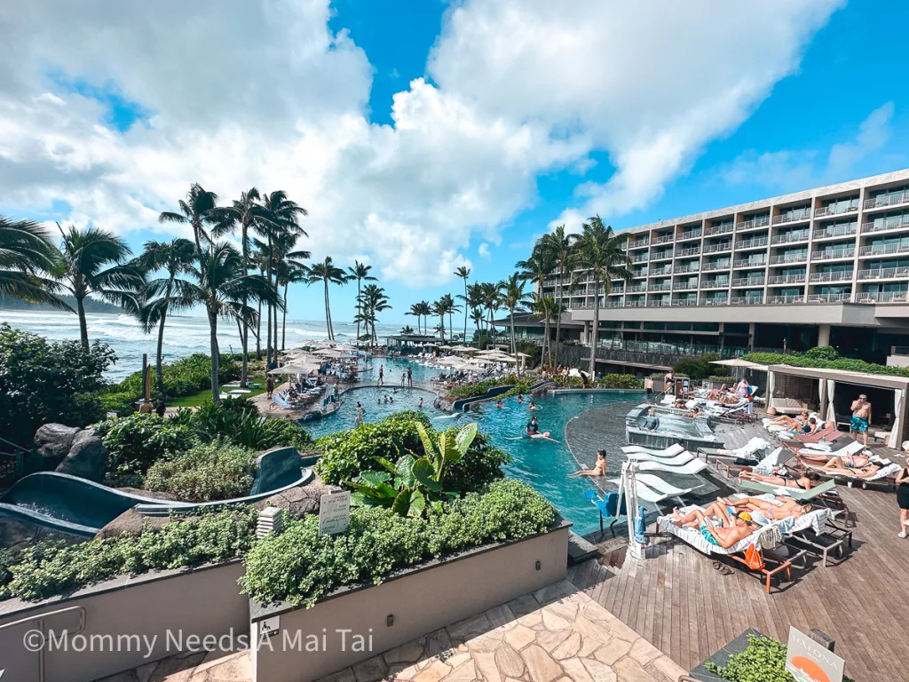 View of the three-tiered pool deck at Turtle Bay Resort on Oahu.