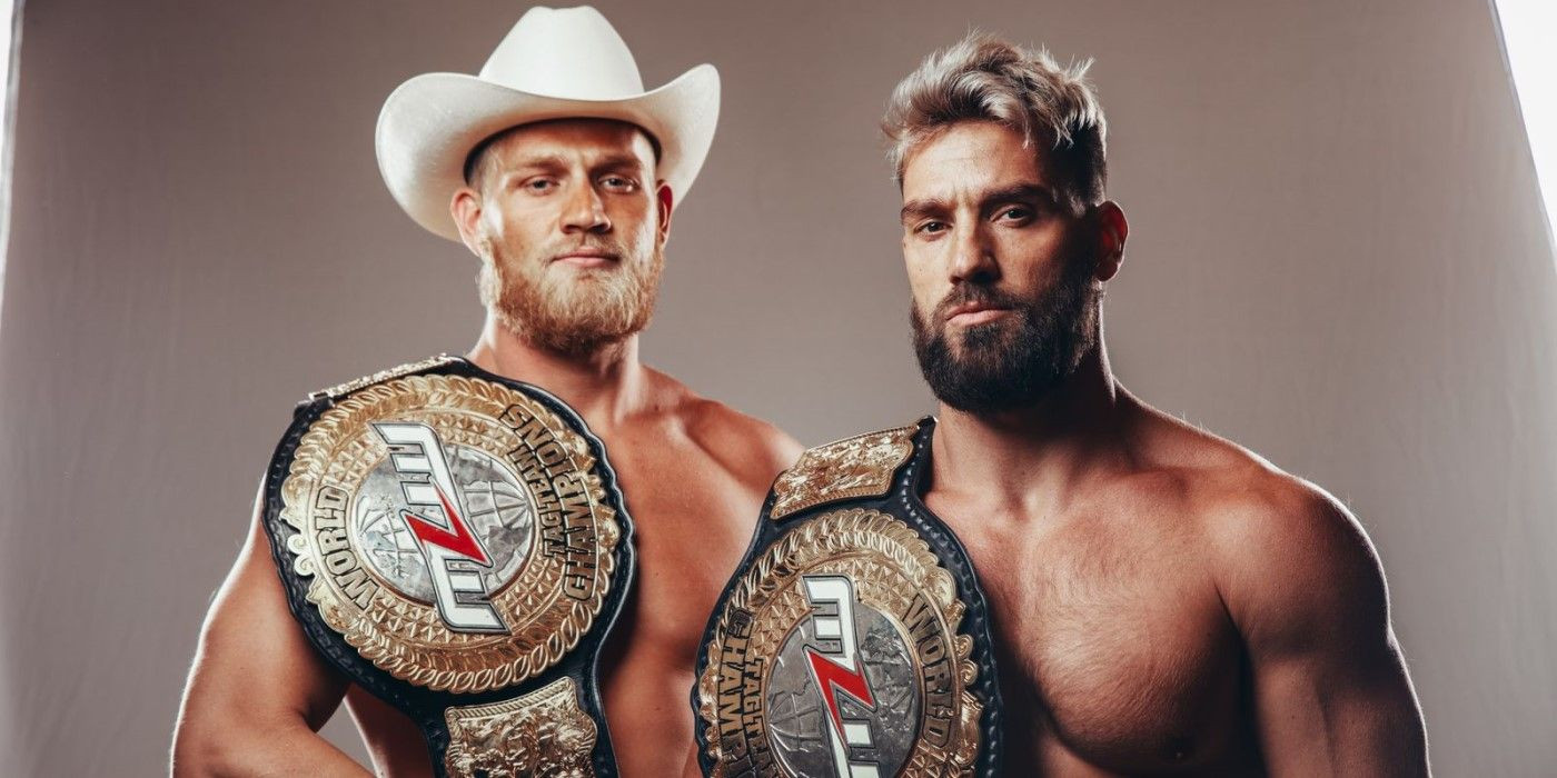 Ross and Marshall Von Erich, the sons of Kevin Von Erich, proudly holding the MLW Tag Team Championship belts, symbolizing the continuation of the Von Erich wrestling legacy into a new generation.