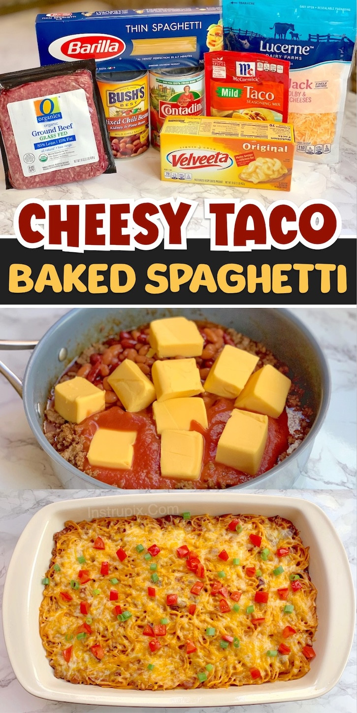 A delicious cheesy taco baked spaghetti casserole, featuring spaghetti, taco-seasoned ground beef, and melted cheese, a flavorful and family-friendly fusion dish.