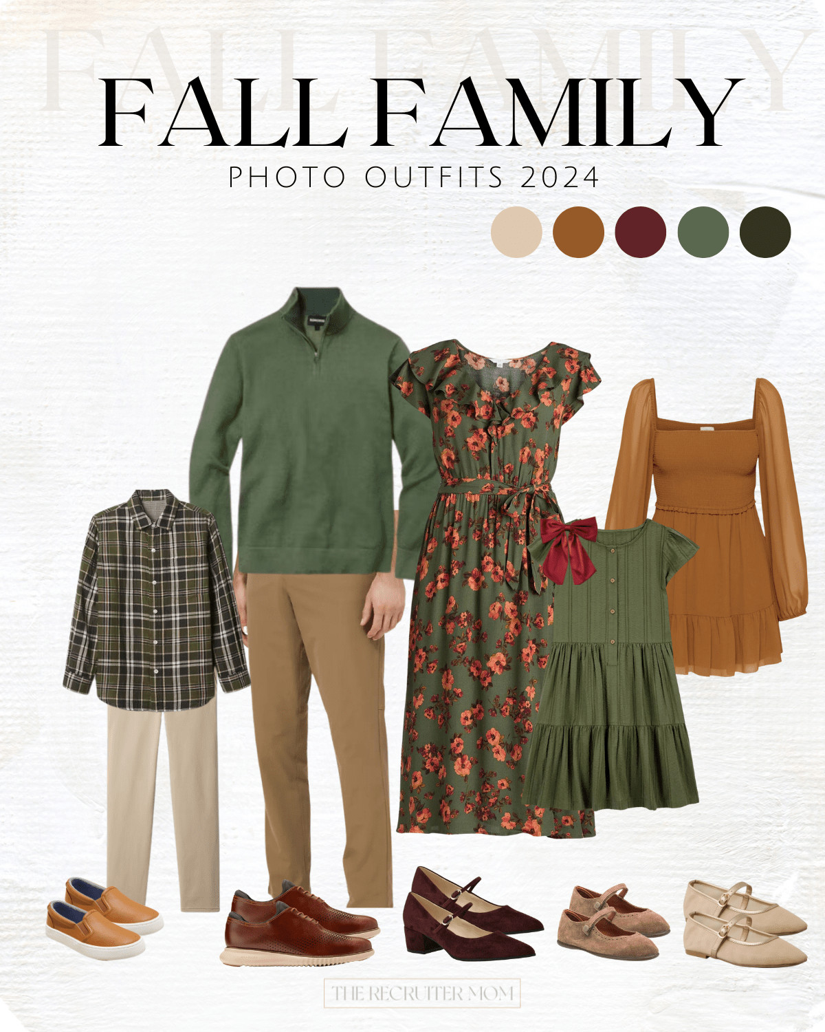 Family photo outfit inspiration featuring rustic hues like rust, mustard, and olive green, with women in a rust-colored dress and olive green cardigan.
