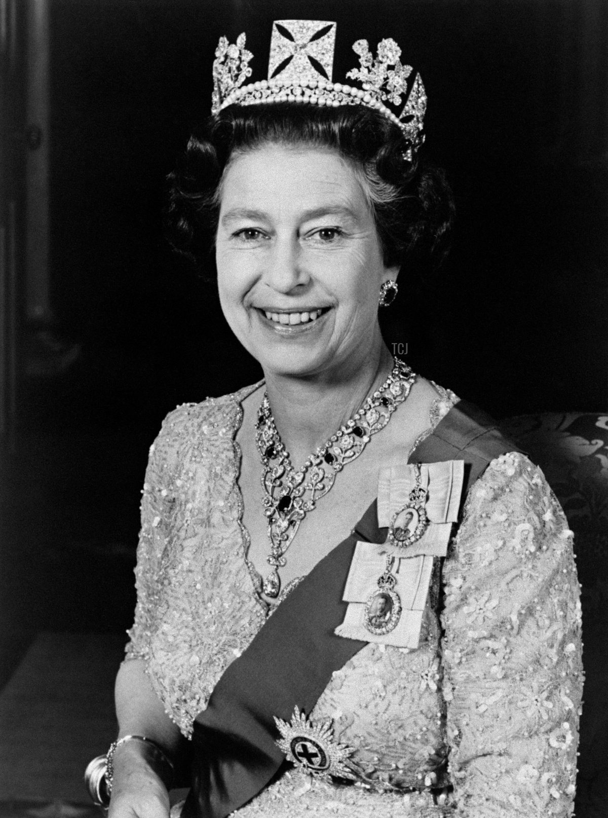 Queen Elizabeth II wearing the Royal Family Orders of her father and grandfather