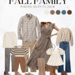 Family photo outfit inspiration in earthy tones featuring women in a cream-colored sweater and brown pants, and men in a brown button-down shirt and khaki pants.