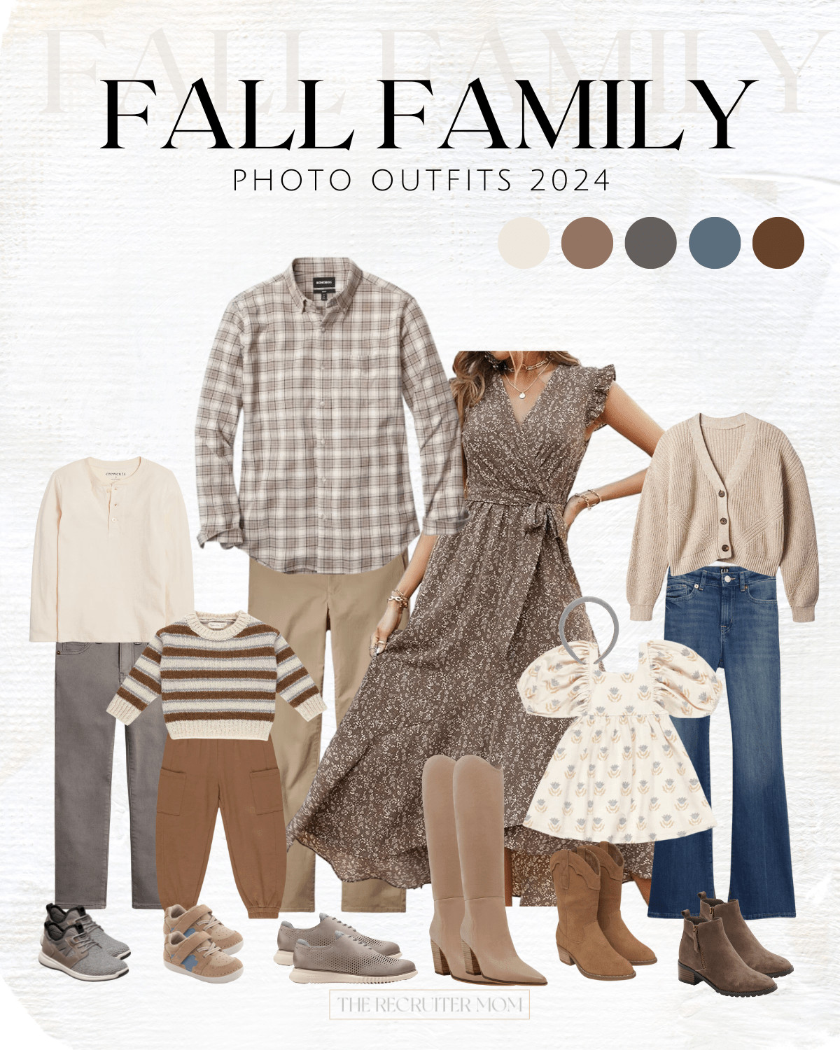 Family photo outfit inspiration in earthy tones featuring women in a cream-colored sweater and brown pants, and men in a brown button-down shirt and khaki pants.