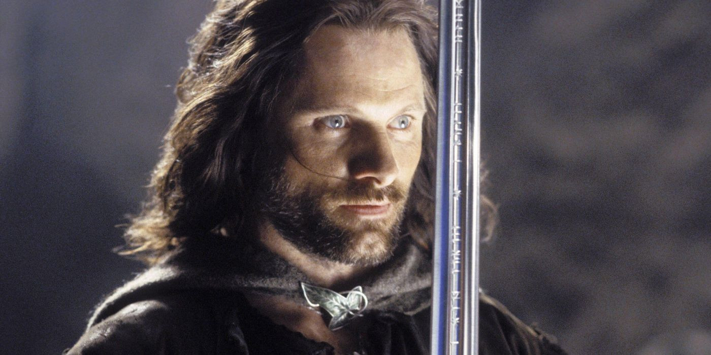 Aragorn holding his sword in The Lord of the Rings: The Fellowship of the Ring.