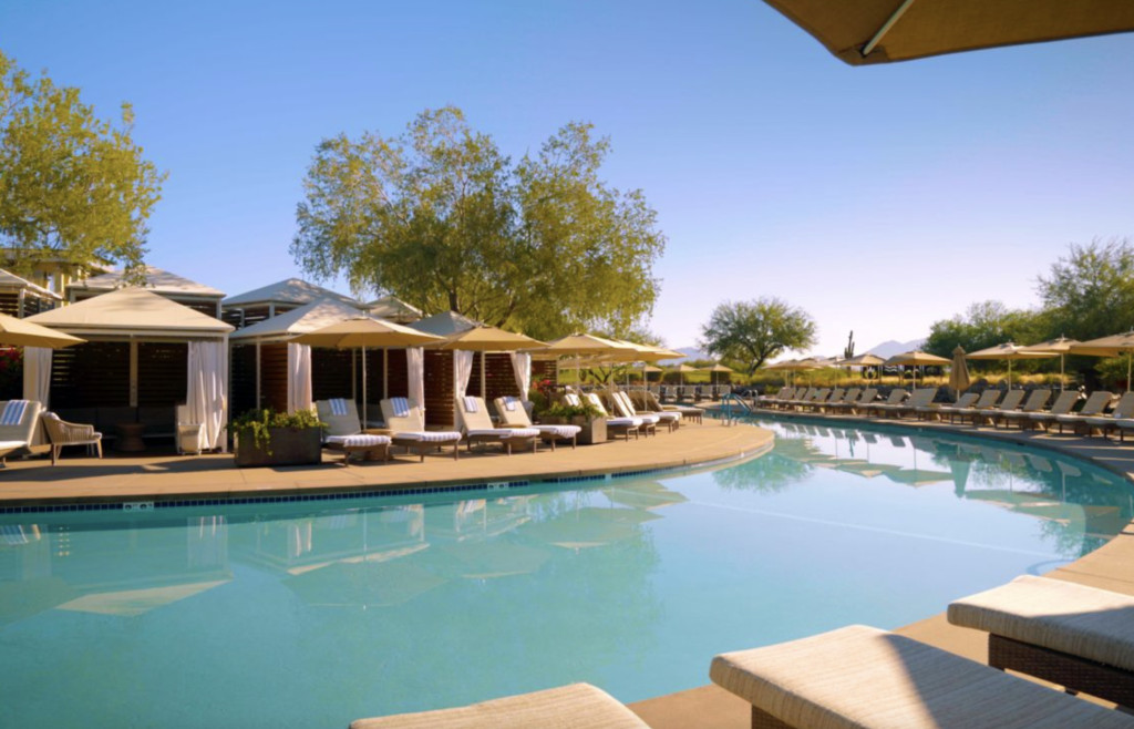 JW Marriott Phoenix Desert Ridge Resort and Spa, Phoenix, AZ lazy river with poolside loungers and cabanas