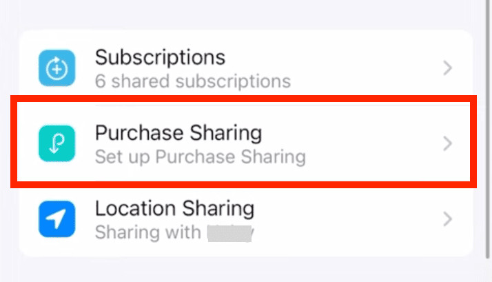 Navigating to Purchase Sharing settings on an iPhone to enable content sharing
