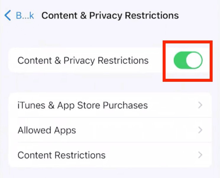 Disabling content and privacy restrictions in Screen Time settings on an iPhone