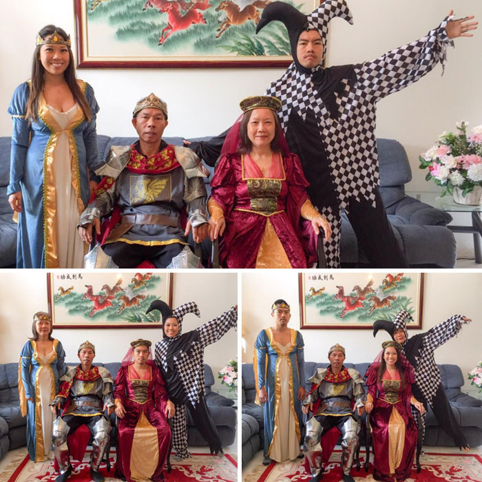 A family dressed in Star Wars costumes, posing with lightsabers in a living room. The alt text is: Family dressed as Star Wars characters with lightsabers, recreating a scene for a themed family portrait