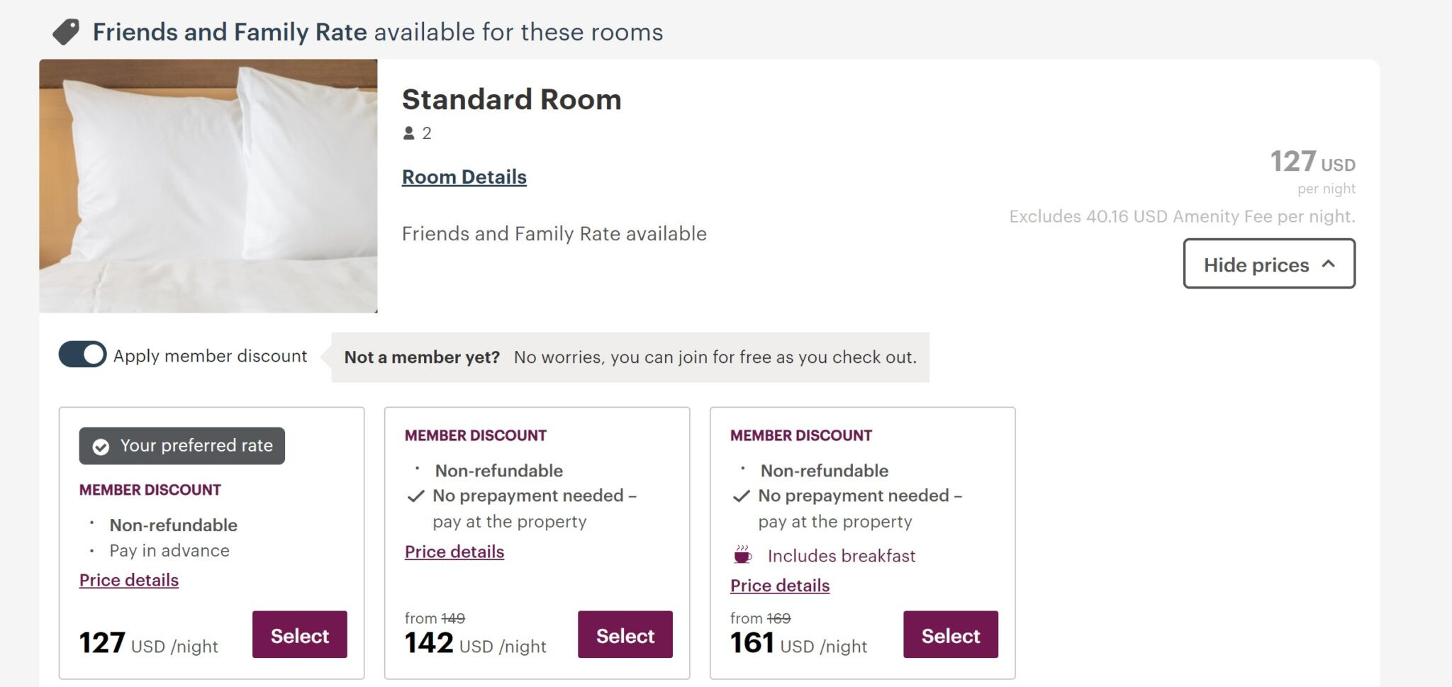 IHG Friends and Family rate example at Crowne Plaza Times Square Manhattan showing savings