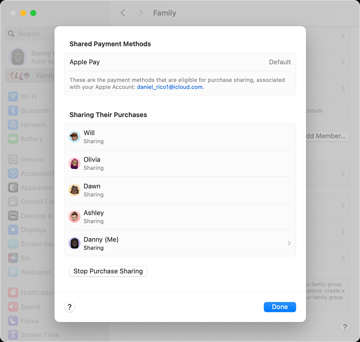 Mac screen showing the shared payment methods for Purchase Sharing