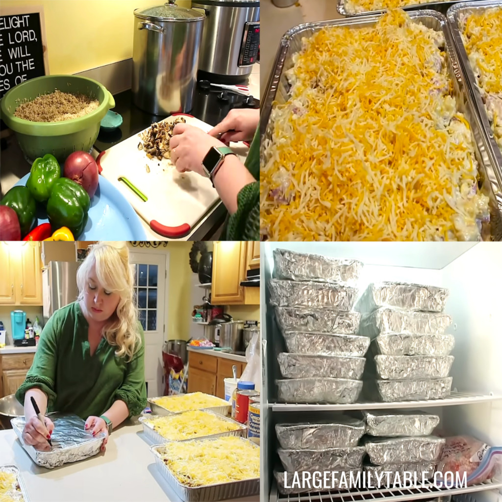 A variety of freezer meals, including lasagna, chili, and soup, neatly packaged and labeled
