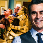 Characters from Modern Family hugging and a closeup of Ty Burrell, showcasing the show's ensemble cast and emotional depth