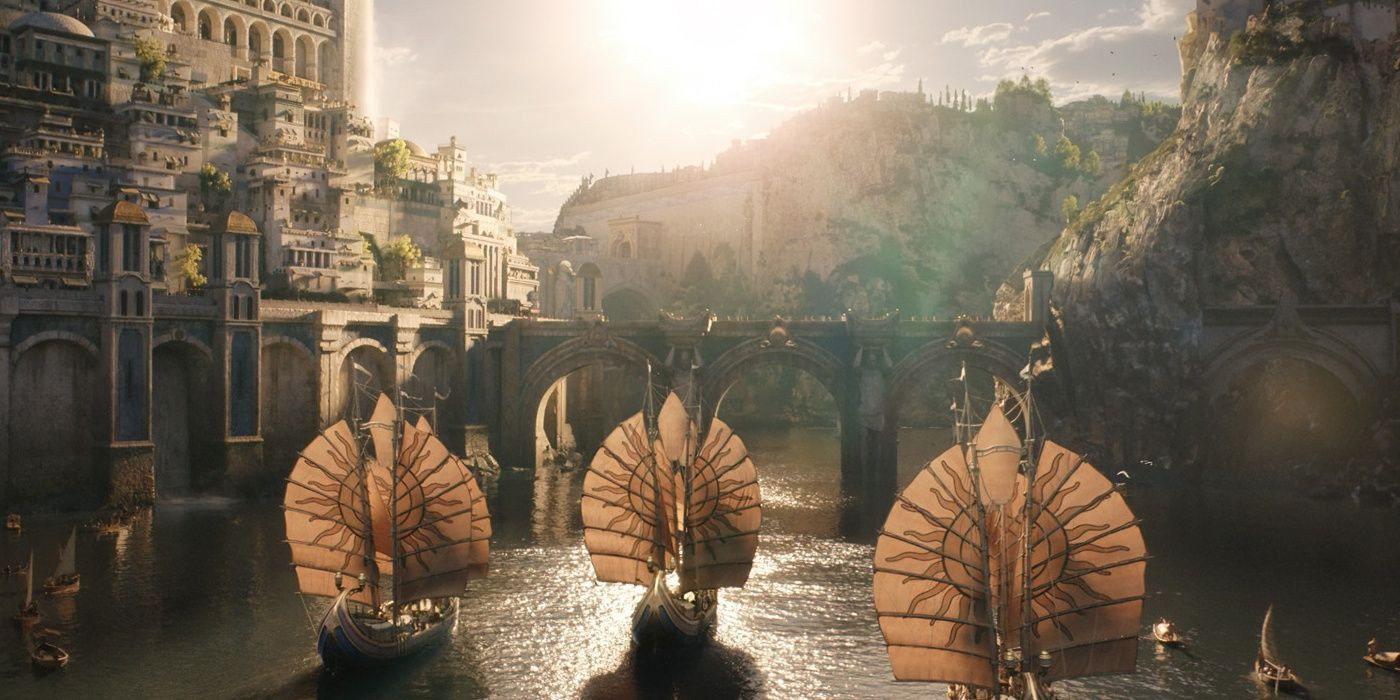 An aerial view of boats sailing into Numenor.